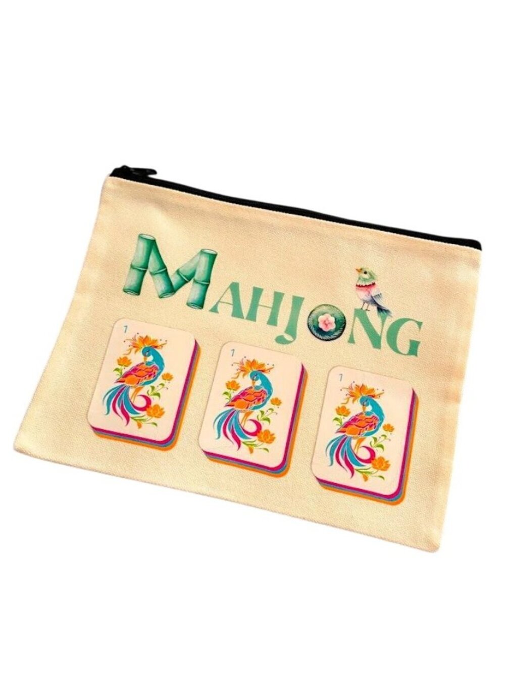 Mahjong Zip Pouch Accessory Makeup Linen Blend Brand New!